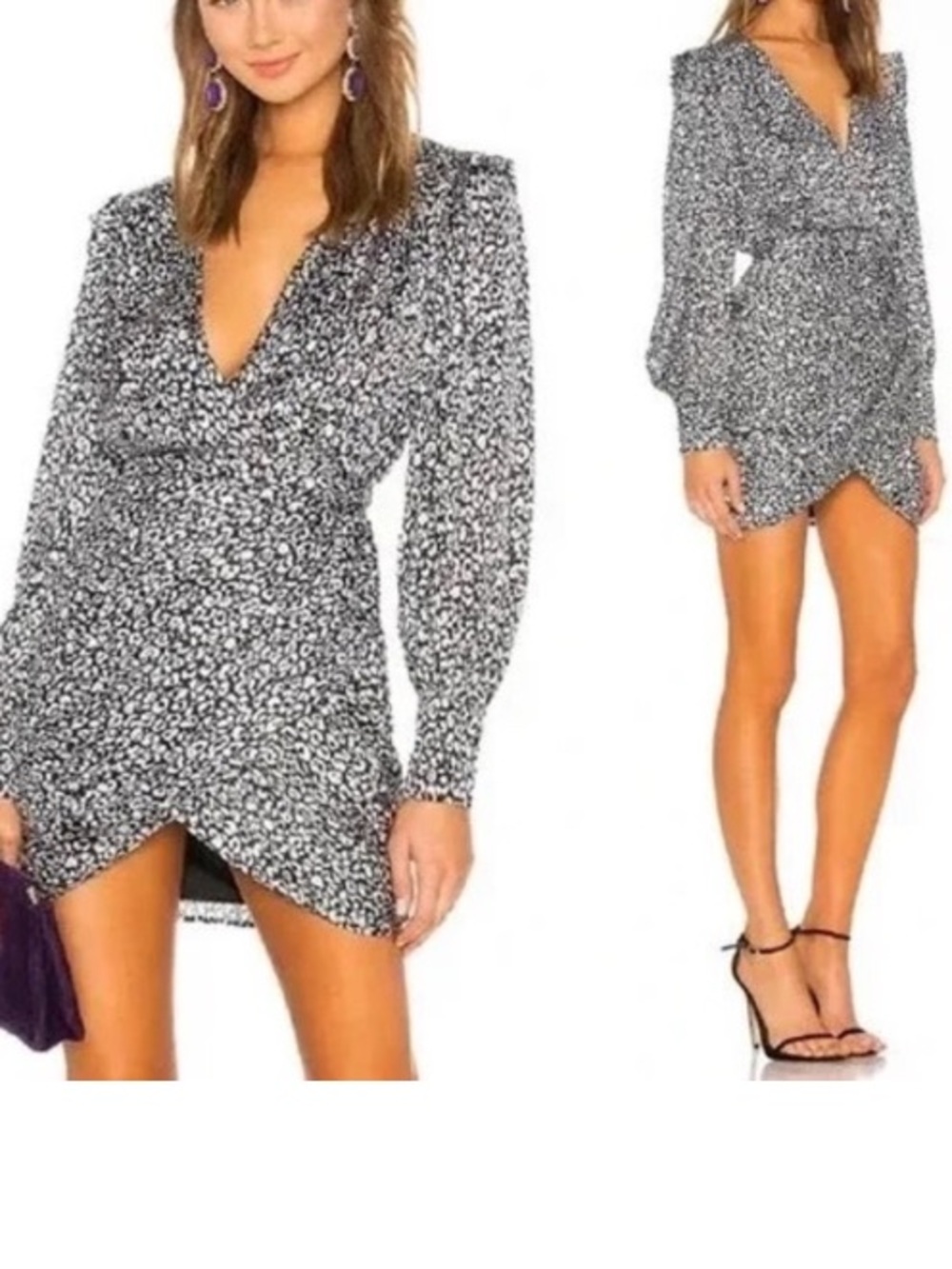 NWT L'Academie Black & White Floral V-Neck Wrap Mini Dress S